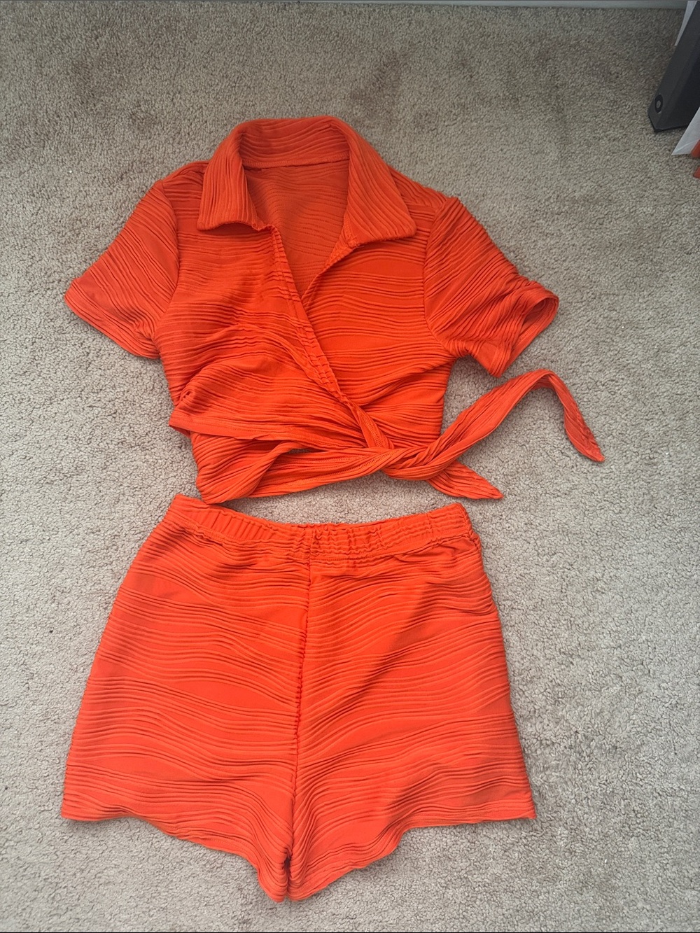 Women's Orange Textured Wrap Crop Top & Shorts Set